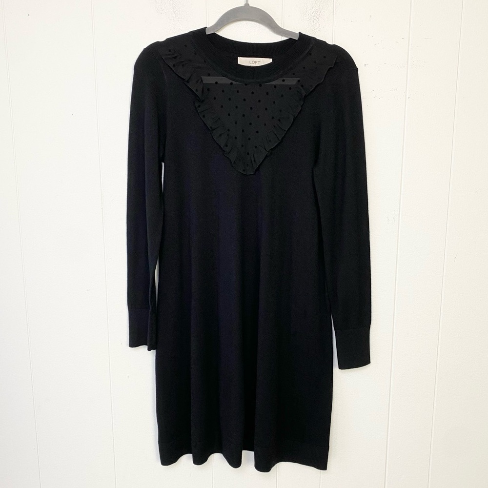 LOFT Sweater Dress Size S Sheer‎ Neck Ruffle Black Long Sleeve Wool Blend